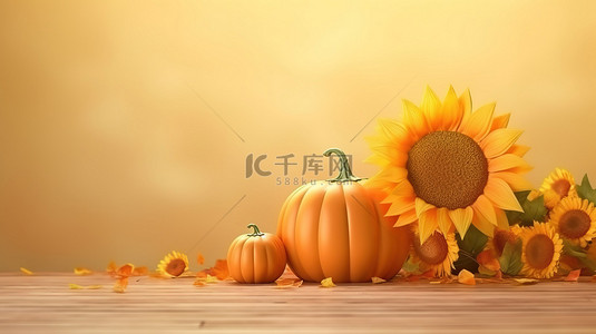 向日葵和叶子背景图片_充满活力的秋天背景，3d 向日葵和南瓜