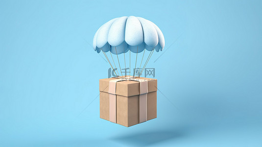 蓝色背景下跳伞的运输概念纸板箱的 3D 插图