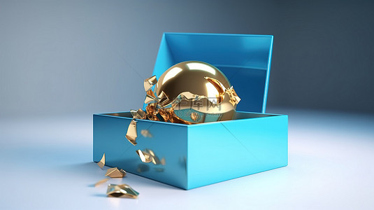 3d 渲染中从打开的蓝色礼品盒中出现的金色球体