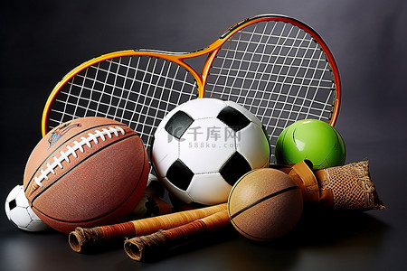 球赛背景图片_一组其他体育用品，包括篮球拍网球拍和排球