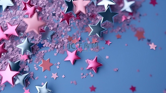 抽象五彩纸屑派对装饰在蓝色背景上落下 3D 粉色和银色星星