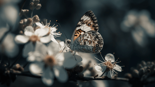 蝴蝶摄影背景图片_白色花卉树枝蝴蝶摄影广告背景