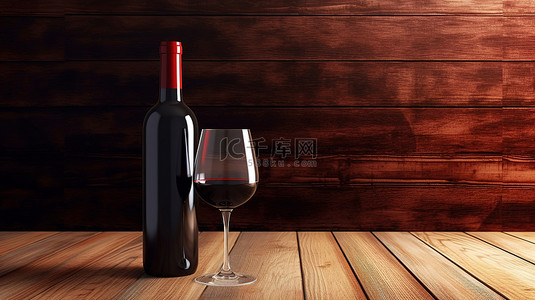 木桌背景上的空红酒瓶和玻璃，有定制设计 3D 渲染的空间
