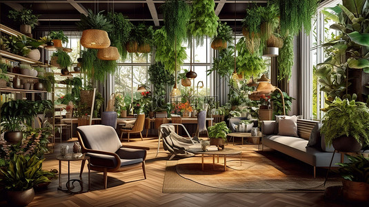 花店或咖啡店舒适的生活空间的 3D 渲染