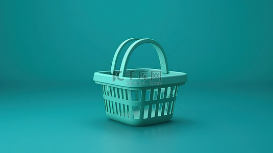 3D 渲染绿色购物篮的插图，在蓝色背景和文本空间上采用简约设计