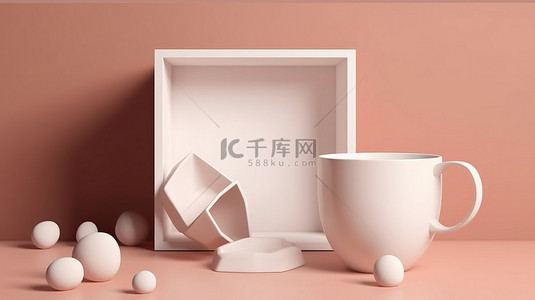 瓷杯和盘子在 3D 渲染的桃色盒子里被一只手拿着
