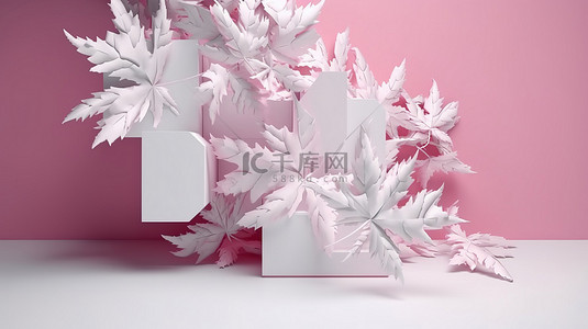 雪花新年背景图片_大自然中粉红叶雪花的冬季仙境抽象 3D 渲染