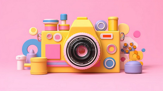 粉红色背景上带有充满活力的孟菲斯图案的老式相机的 3D 渲染
