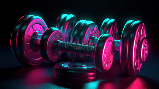 健康明眸照亮未来背景图片_发光的霓虹灯照亮 3D 渲染的铁哑铃