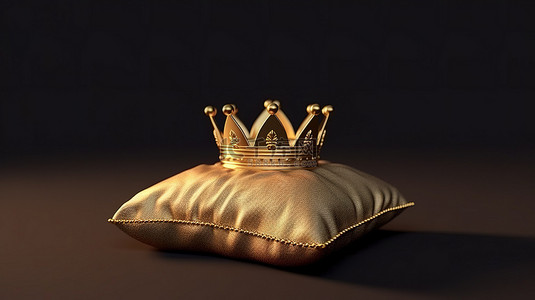 3d 渲染豪华金冠放在枕头上