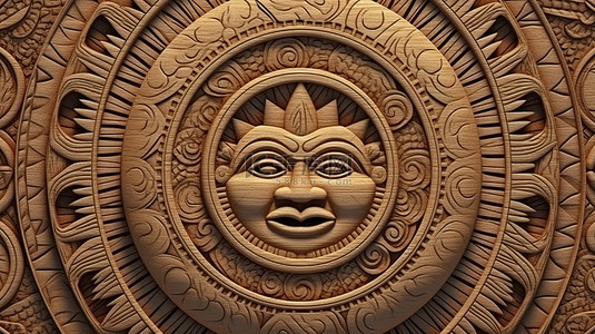 华丽背景图片_毛利波利尼西亚图案中的太阳脸 3D 插图