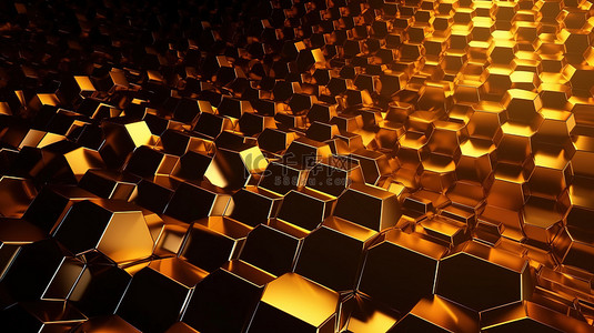 抽象几何背景的数字插图闪闪发光的金色蜂窝纹理墙与 3d 渲染中的六边形簇