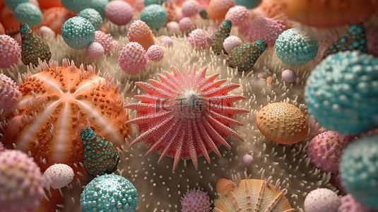 海洋的纹理背景图片_海胆壳珊瑚和气泡的海洋生物背景 3D 渲染