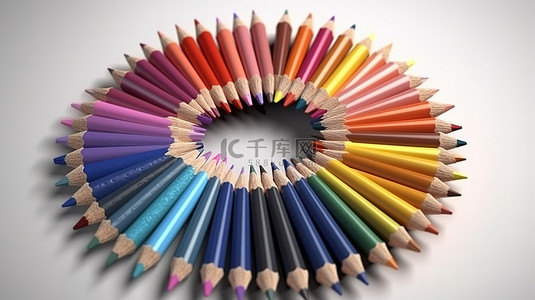 在 3D 渲染中排列在白色桌子上的各种彩色铅笔