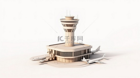 机场白色空中交通管制塔的粘土风格描绘，在白色背景下以 3D 渲染