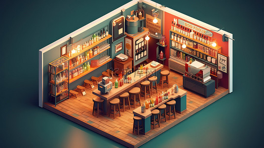 啤酒酒花背景图片_酒吧店等距室内概念的 3D 插图