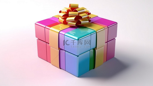 白色背景上带有蝴蝶结的渐变彩色礼品盒的 3D 插图