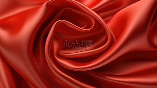 扭曲螺旋漩涡中光滑闪亮的红色丝织物的 3D 渲染