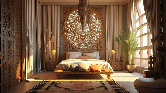 旅游酒店背景图片_中东阿拉伯风格卧室的 3D 渲染