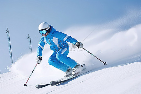 一件蓝色夹克的滑雪者
