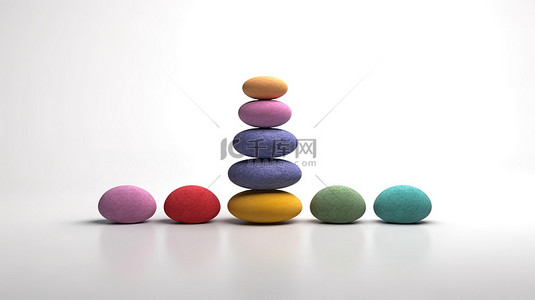 彩色禅宗石头与白色背景 3D 渲染上的所有可能性完美平衡