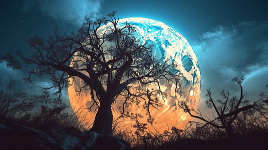 幽灵般的万圣节场景 3D 渲染蓝天满月和树木
