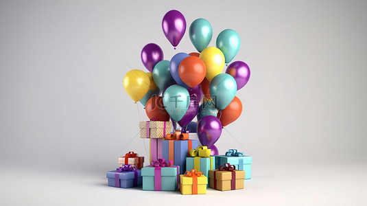 3D 渲染的气球和礼品盒单独呈现在白色背景上，并带有剪切路径