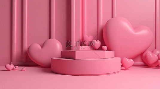 简约的 3D 场景，带有产品品牌展示台和模型情人节主题，带有可爱的粉红色心形背景和可爱的设计风格