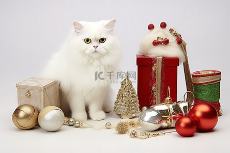白色背景中的白猫，配有圣诞装饰品和礼物