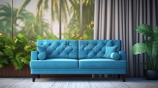 明媚的春天背景图片_甲板地板上当代蓝色沙发与花园复古墙壁的 3D 渲染