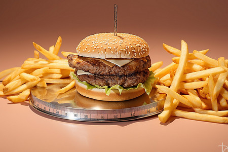 高卡路里背景图片_汉堡放在运动秤和薯条旁边