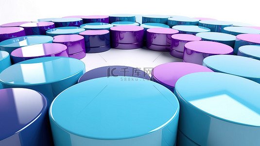 白色背景上光滑的蓝色和紫色块的抽象圆圈的 3D 渲染