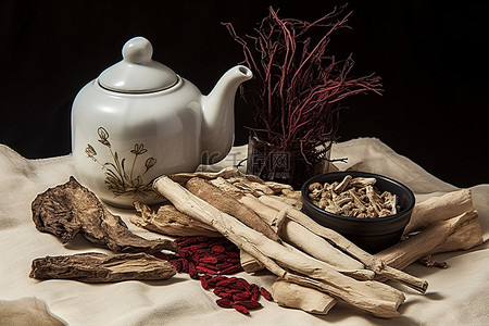 草药根和茶壶