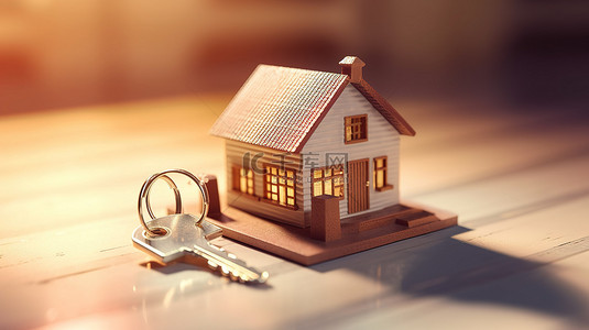 房屋con背景图片_3D 渲染关键投资房产抵押房地产概念与房屋形状