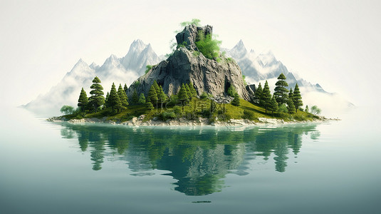 白色背景上孤立的 3D 描绘的山区和森林奇幻浮岛