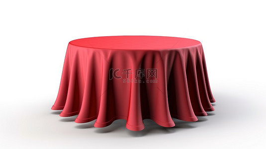小人圆桌会议背景图片_红色桌布装饰着白色背景下独立 3D 插图的圆桌