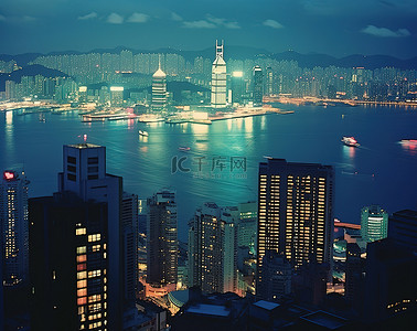 香港城市天际线和河流的夜景