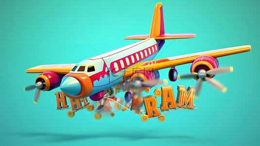 欢乐时光背景图片_3D 渲染的卡通飞机用横幅庆祝欢乐时光
