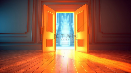 内部通道背景图片_带有辐射光流的敞开的门的照明通道 3D 渲染