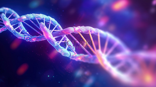数字 DNA 结构的充满活力的 3D 渲染，在彩色背景中说明医学和遗传学