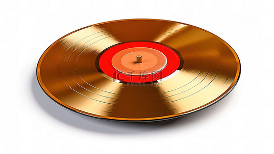 闪闪发光的金色唱片，在 3D 渲染的清晰白色表面上带有空白红色标签