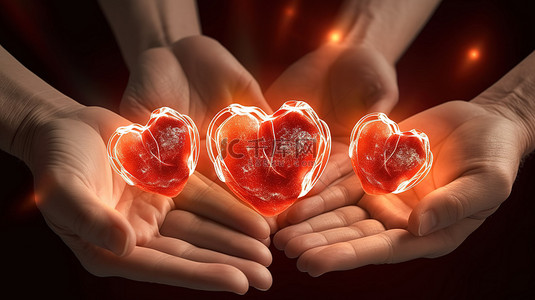 手握 3D 心和心电图象征医疗保险健康医学和慈善理念