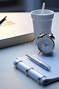 珠宝名片背景图片_笔记本闹钟和笔在桌面上