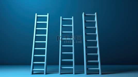 用四个蓝色梯子和一个大白色梯子展示领导力和成功的 3D 渲染图