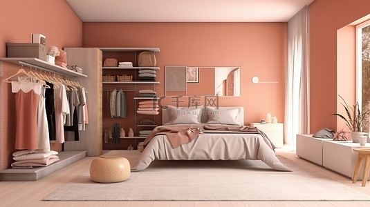 时尚卧室的 3D 插图，配有衣柜梳妆台床上用品等