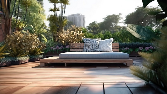 室外休息室露台和沙发长凳的 3D 渲染，俯瞰公园美景