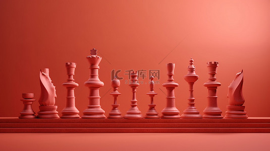 桃红色背景下带有 3D 渲染棋子的各种讲台