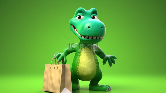 幽默的 3D 恐龙人物，手里拿着购物袋