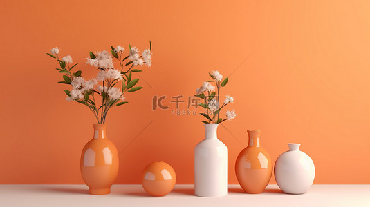 空的花瓶背景图片_柔和的花瓶家居装饰 3D 渲染时尚的室内设计，在橙色墙壁背景下有充足的复制空间