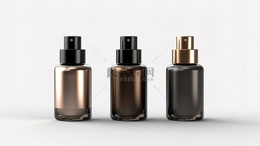 白色背景上黑色和青铜色 3D 渲染的精美化妆品瓶系列